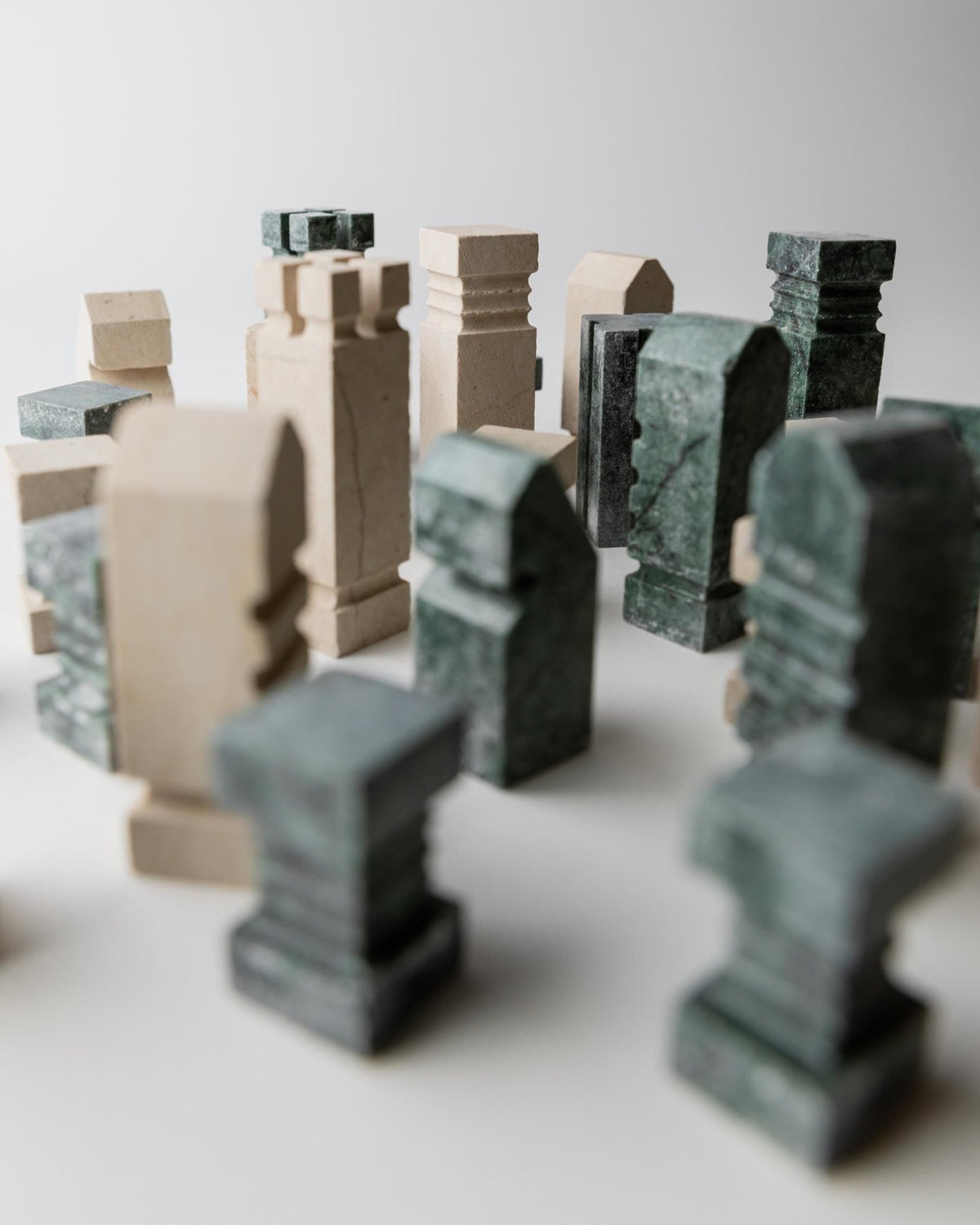 Vintage 1970s Marble Chess Set, Green and Beige Stone Chess Board, Heavy Design, Geometric Chess Pieces, Sculptural Table Game, Gift Idea_Bottega Jacobs