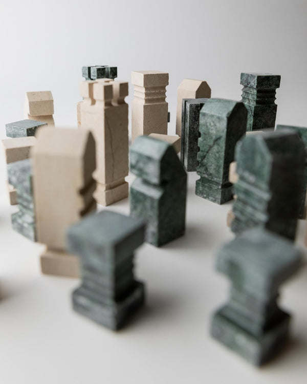 Vintage 1970s Marble Chess Set, Green and Beige Stone Chess Board, Heavy Design, Geometric Chess Pieces, Sculptural Table Game, Gift Idea_Bottega Jacobs