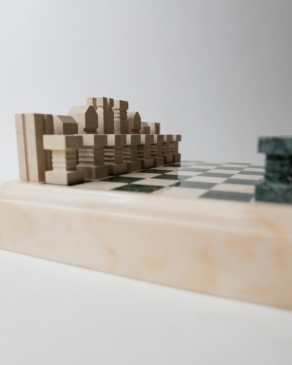 Vintage 1970s Marble Chess Set, Green and Beige Stone Chess Board, Heavy Design, Geometric Chess Pieces, Sculptural Table Game, Gift Idea_Bottega Jacobs