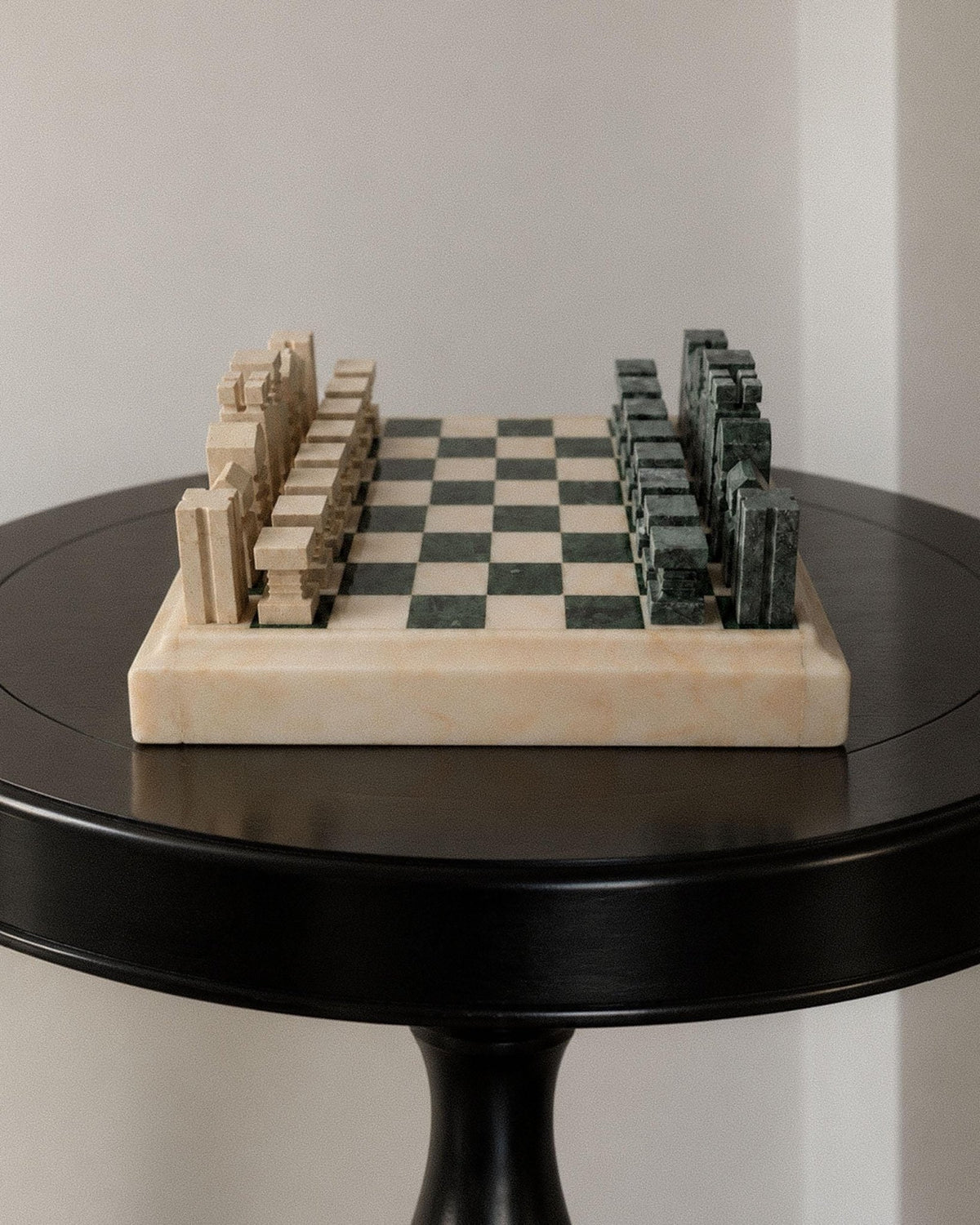 Vintage 1970s Marble Chess Set, Green and Beige Stone Chess Board, Heavy Design, Geometric Chess Pieces, Sculptural Table Game, Gift Idea_Bottega Jacobs