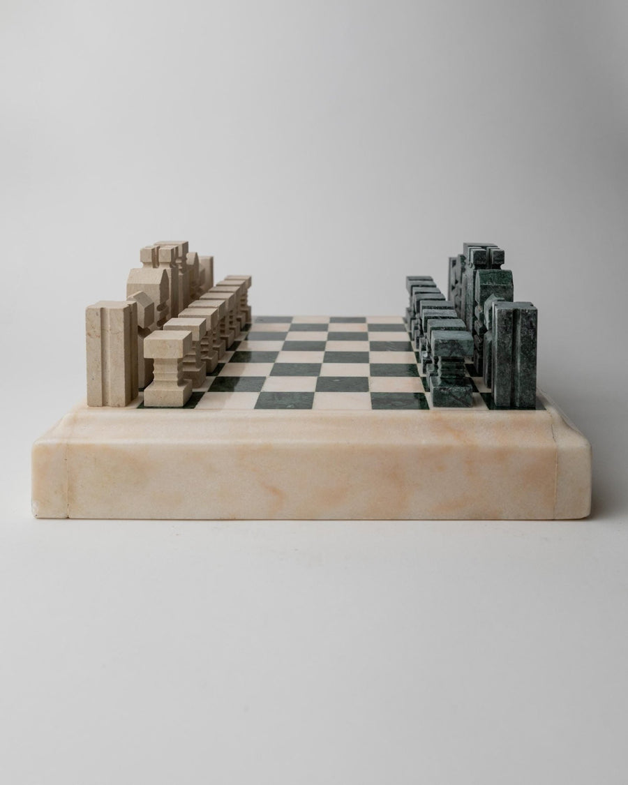 Vintage 1970s Marble Chess Set, Green and Beige Stone Chess Board, Heavy Design, Geometric Chess Pieces, Sculptural Table Game,  Gift Idea
