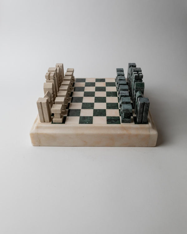 Vintage 1970s Marble Chess Set, Green and Beige Stone Chess Board, Heavy Design, Geometric Chess Pieces, Sculptural Table Game, Gift Idea_Bottega Jacobs