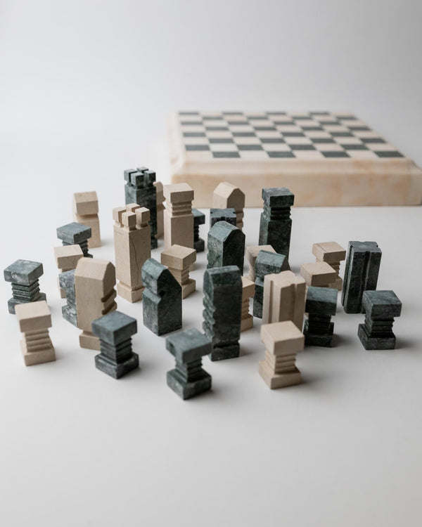 Vintage 1970s Marble Chess Set, Green and Beige Stone Chess Board, Heavy Design, Geometric Chess Pieces, Sculptural Table Game, Gift Idea_Bottega Jacobs