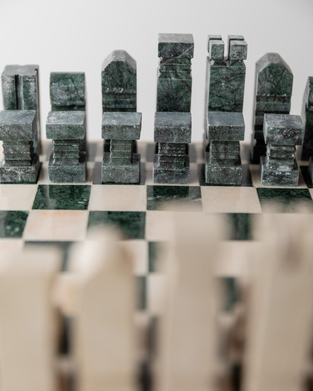 Vintage 1970s Marble Chess Set, Green and Beige Stone Chess Board, Heavy Design, Geometric Chess Pieces, Sculptural Table Game, Gift Idea_Bottega Jacobs
