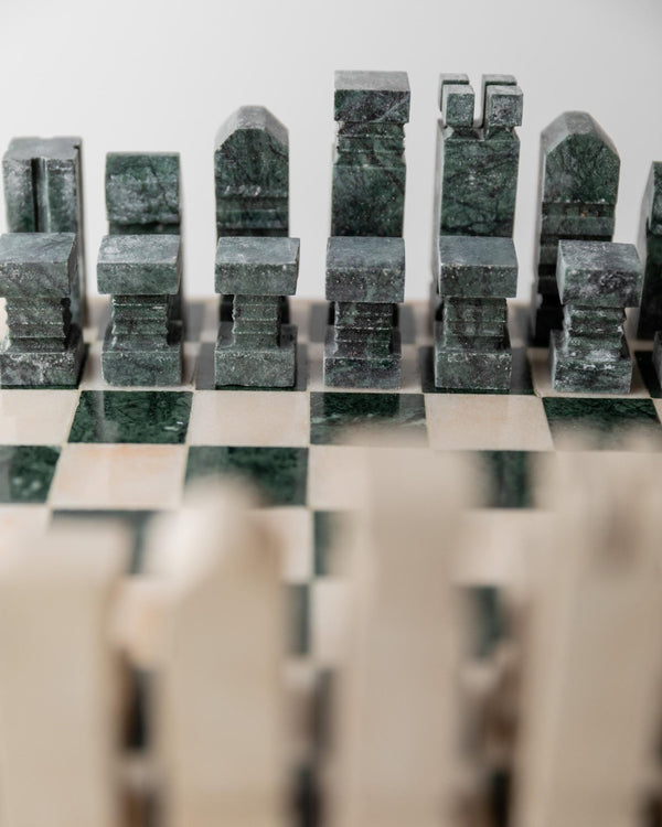 Vintage 1970s Marble Chess Set, Green and Beige Stone Chess Board, Heavy Design, Geometric Chess Pieces, Sculptural Table Game, Gift Idea_Bottega Jacobs