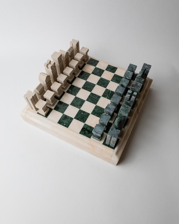 Vintage 1970s Marble Chess Set, Green and Beige Stone Chess Board, Heavy Design, Geometric Chess Pieces, Sculptural Table Game, Gift Idea_Bottega Jacobs