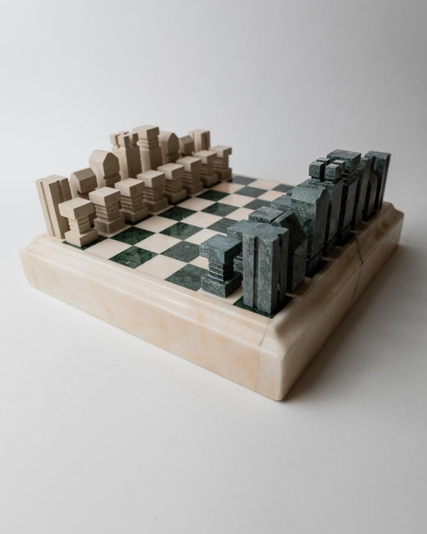 Vintage 1970s Marble Chess Set, Green and Beige Stone Chess Board, Heavy Design, Geometric Chess Pieces, Sculptural Table Game, Gift Idea_Bottega Jacobs