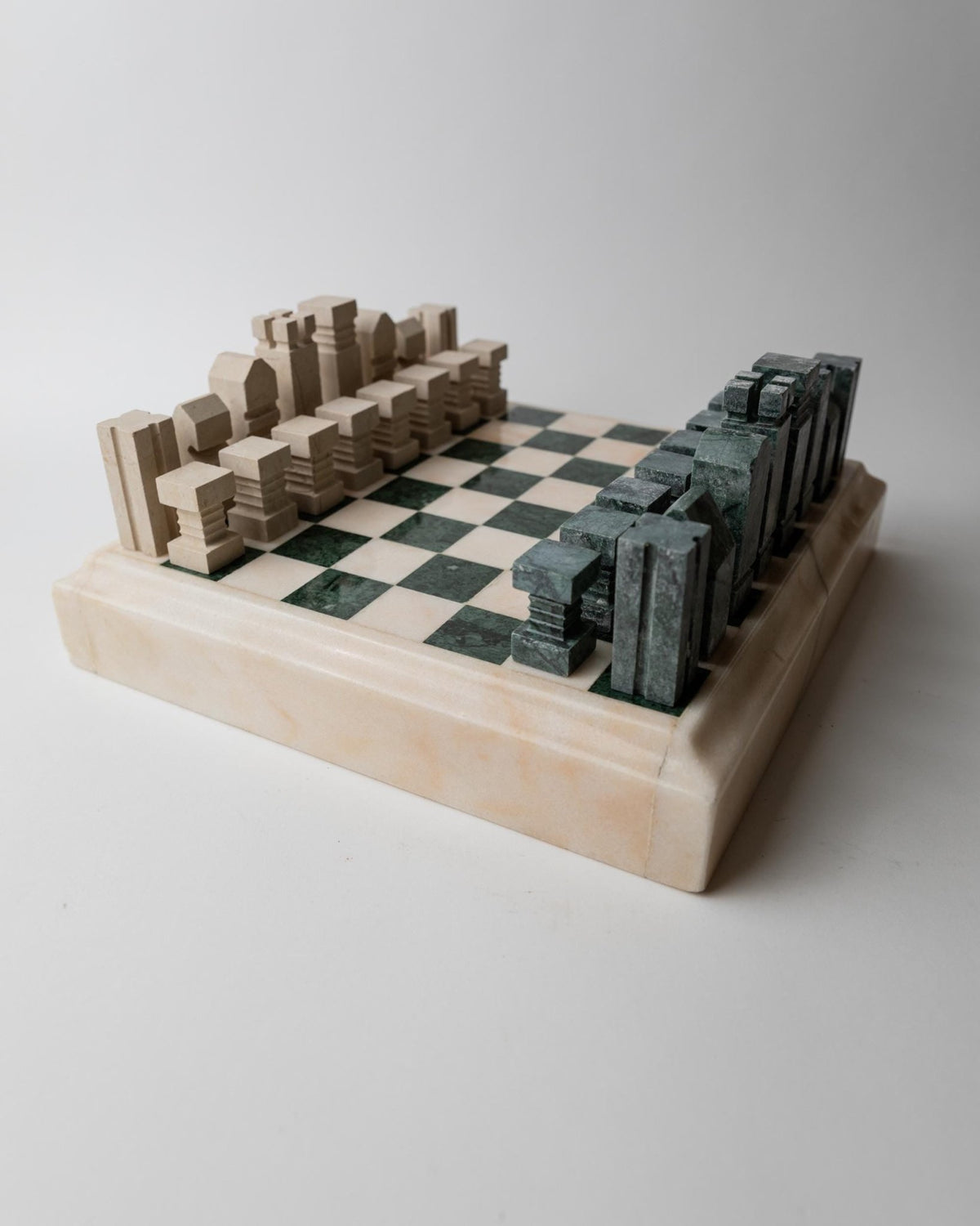 Vintage 1970s Marble Chess Set, Green and Beige Stone Chess Board, Heavy Design, Geometric Chess Pieces, Sculptural Table Game, Gift Idea_Bottega Jacobs