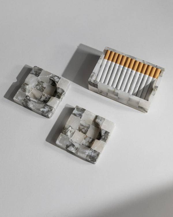 Vintage 1970s Marble Smoking Set, 2 Ashtrays and 1 Cigarette Box, Grey White Checkered, Table Decor, Elegant Gift Idea_Bottega Jacobs