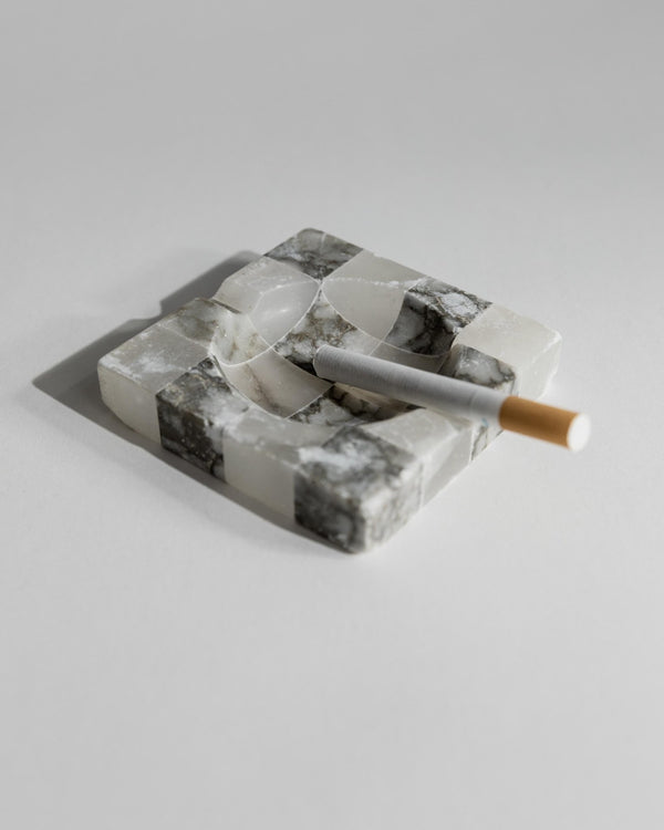 Vintage 1970s Marble Smoking Set, 2 Ashtrays and 1 Cigarette Box, Grey White Checkered, Table Decor, Elegant Gift Idea_Bottega Jacobs