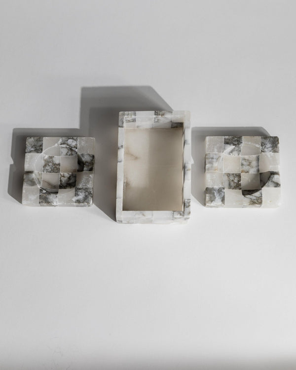 Vintage 1970s Marble Smoking Set, 2 Ashtrays and 1 Cigarette Box, Grey White Checkered, Table Decor, Elegant Gift Idea_Bottega Jacobs