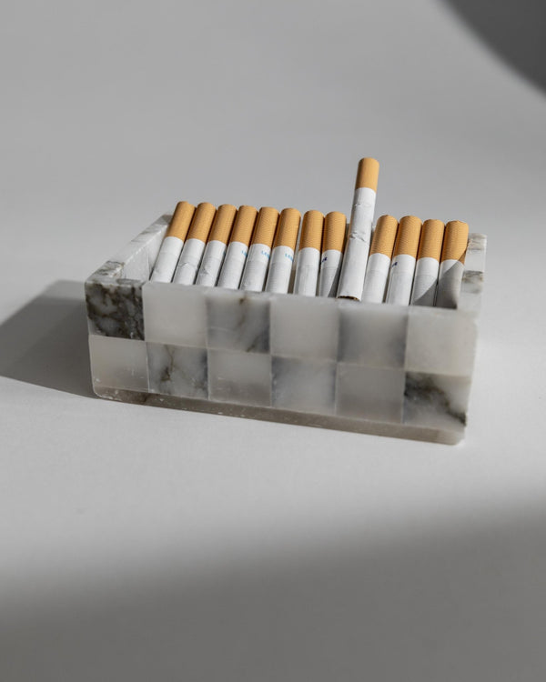 Vintage 1970s Marble Smoking Set, 2 Ashtrays and 1 Cigarette Box, Grey White Checkered, Table Decor, Elegant Gift Idea_Bottega Jacobs
