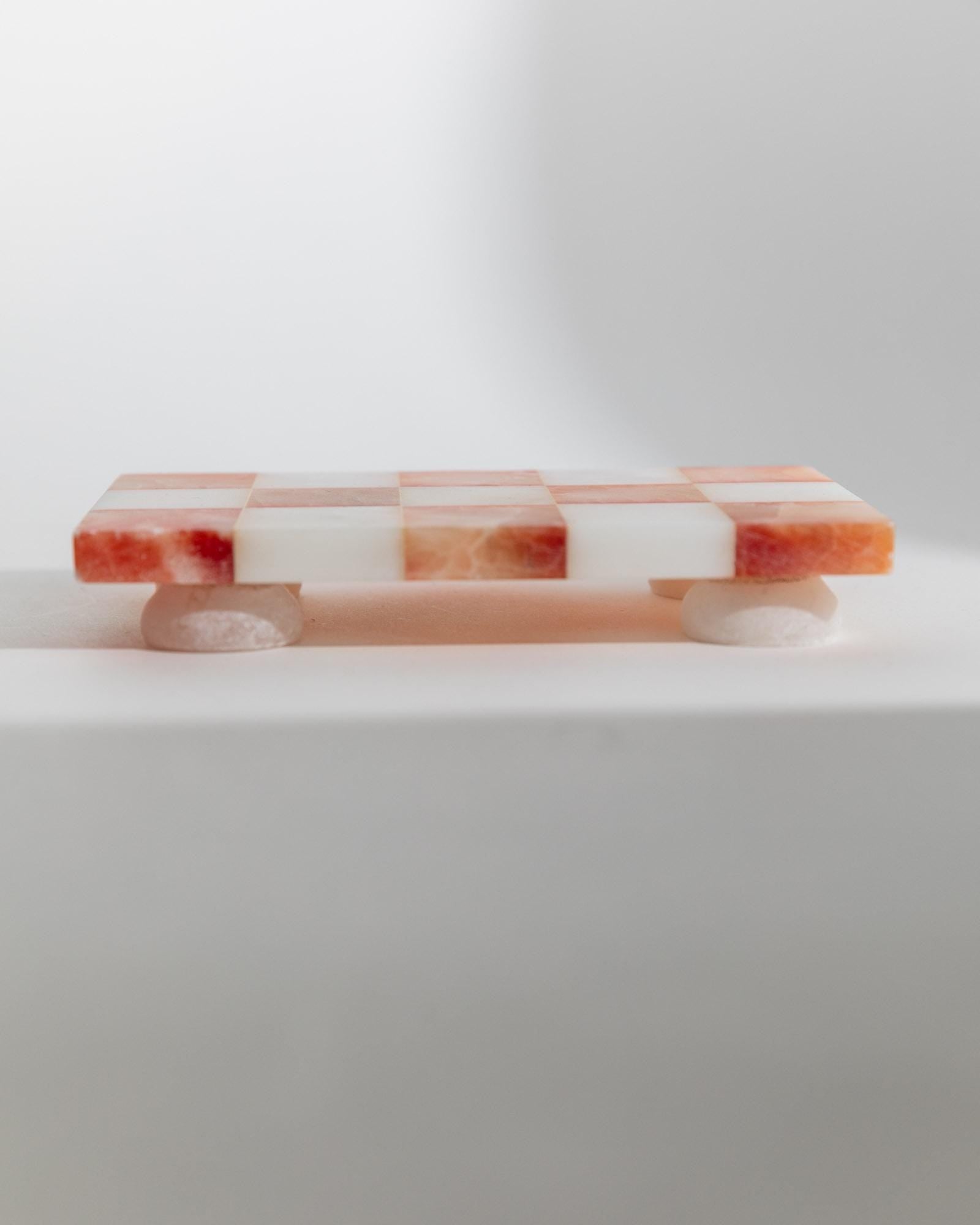 Vintage 1970s Marble Tray with Feet, Pink White Checkered Stone, For Candles or Hot Drinks, Retro Table Decor, Elegant Gift Idea_Bottega Jacobs