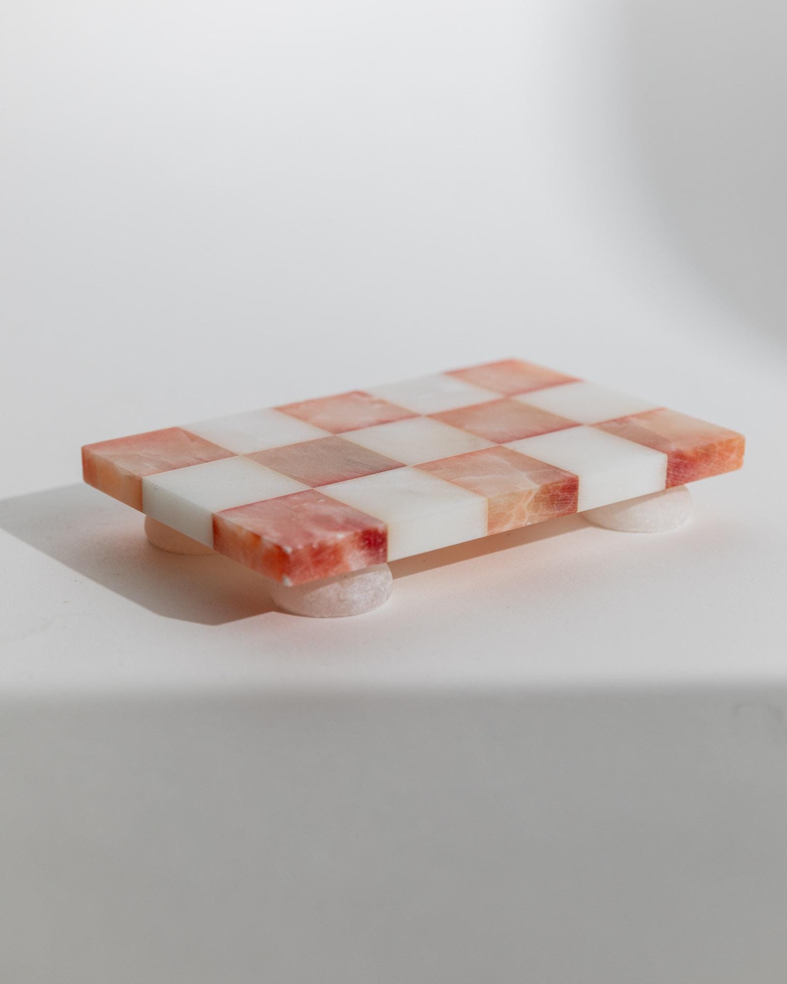 Vintage 1970s Marble Tray with Feet, Pink White Checkered Stone, For Candles or Hot Drinks, Retro Table Decor, Elegant Gift Idea_Bottega Jacobs