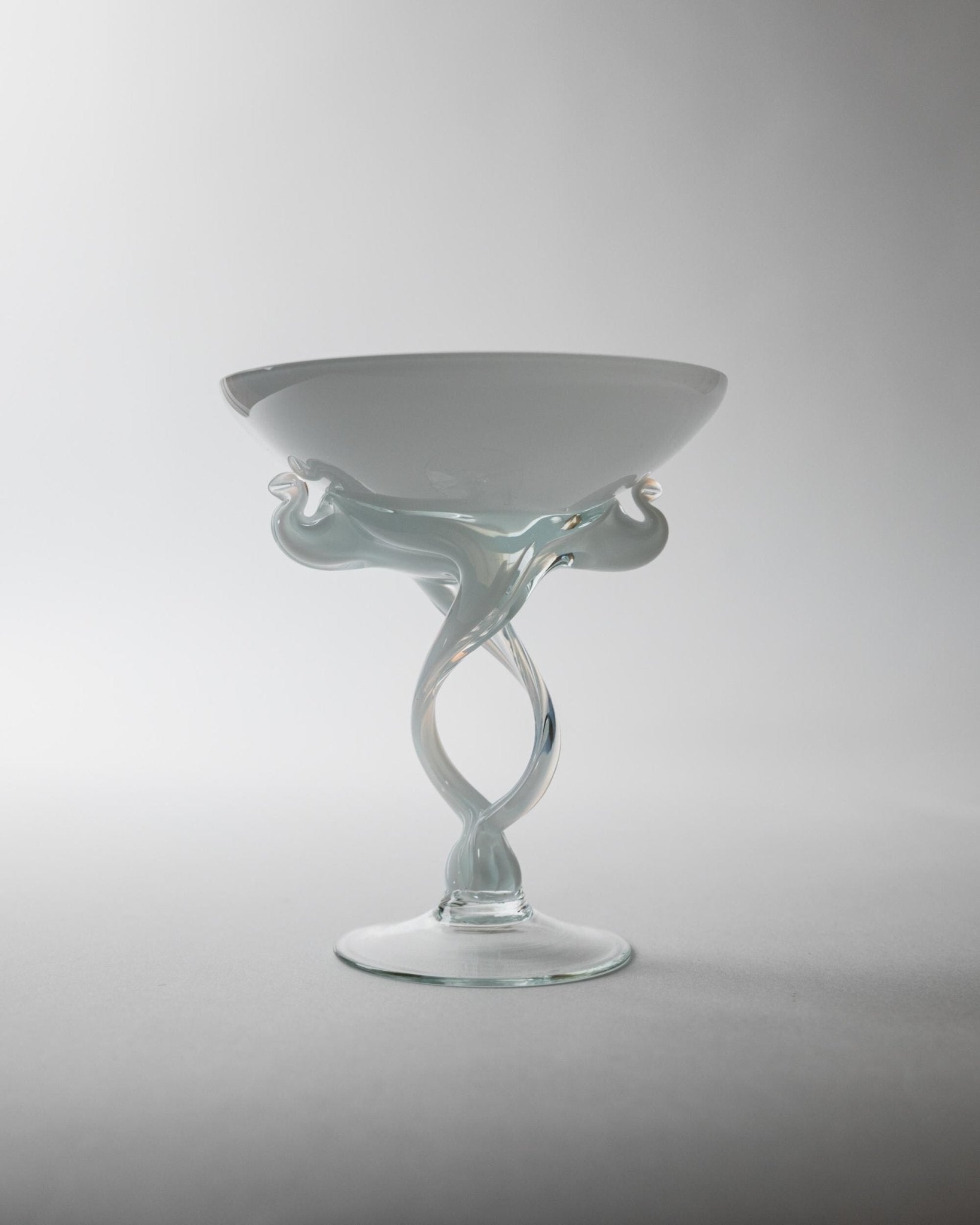 Vintage 1970s Martini Glass or Candleholder, Hand Blown Art Glass, Curved White and Clear Swirl Stem, Sculptural Decor, Elegant Gift Idea_Bottega Jacobs