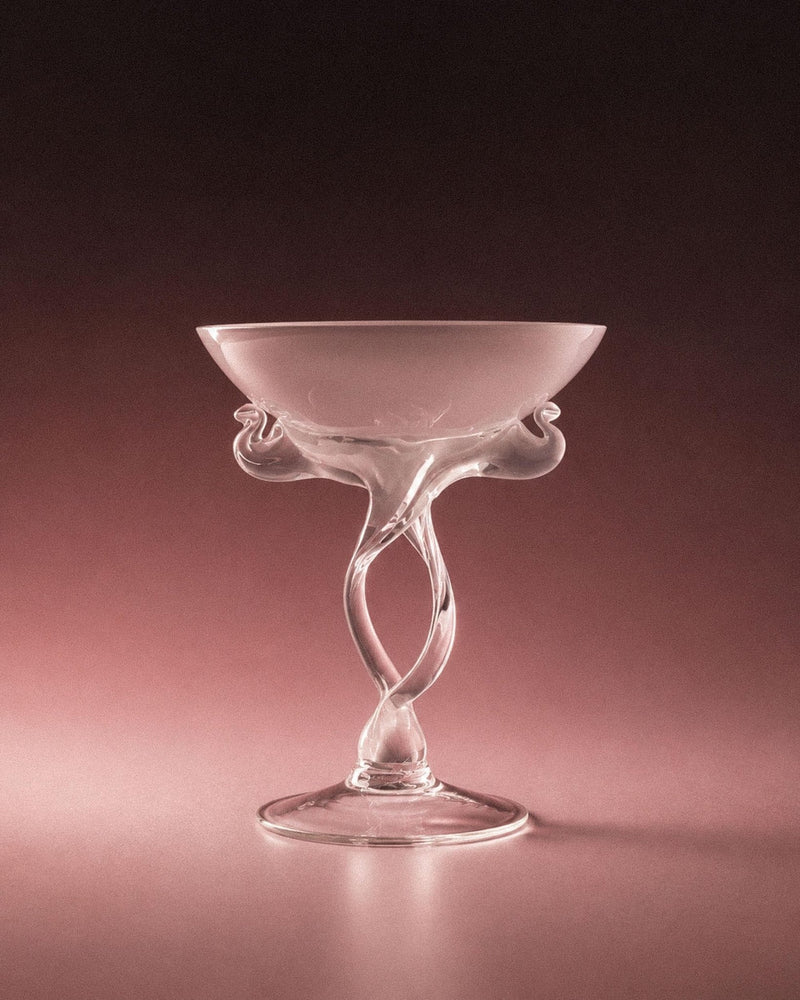 Vintage 1970s Martini Glass or Candleholder, Hand Blown Art Glass, Curved White and Clear Swirl Stem, Sculptural Decor, Elegant Gift Idea_Bottega Jacobs