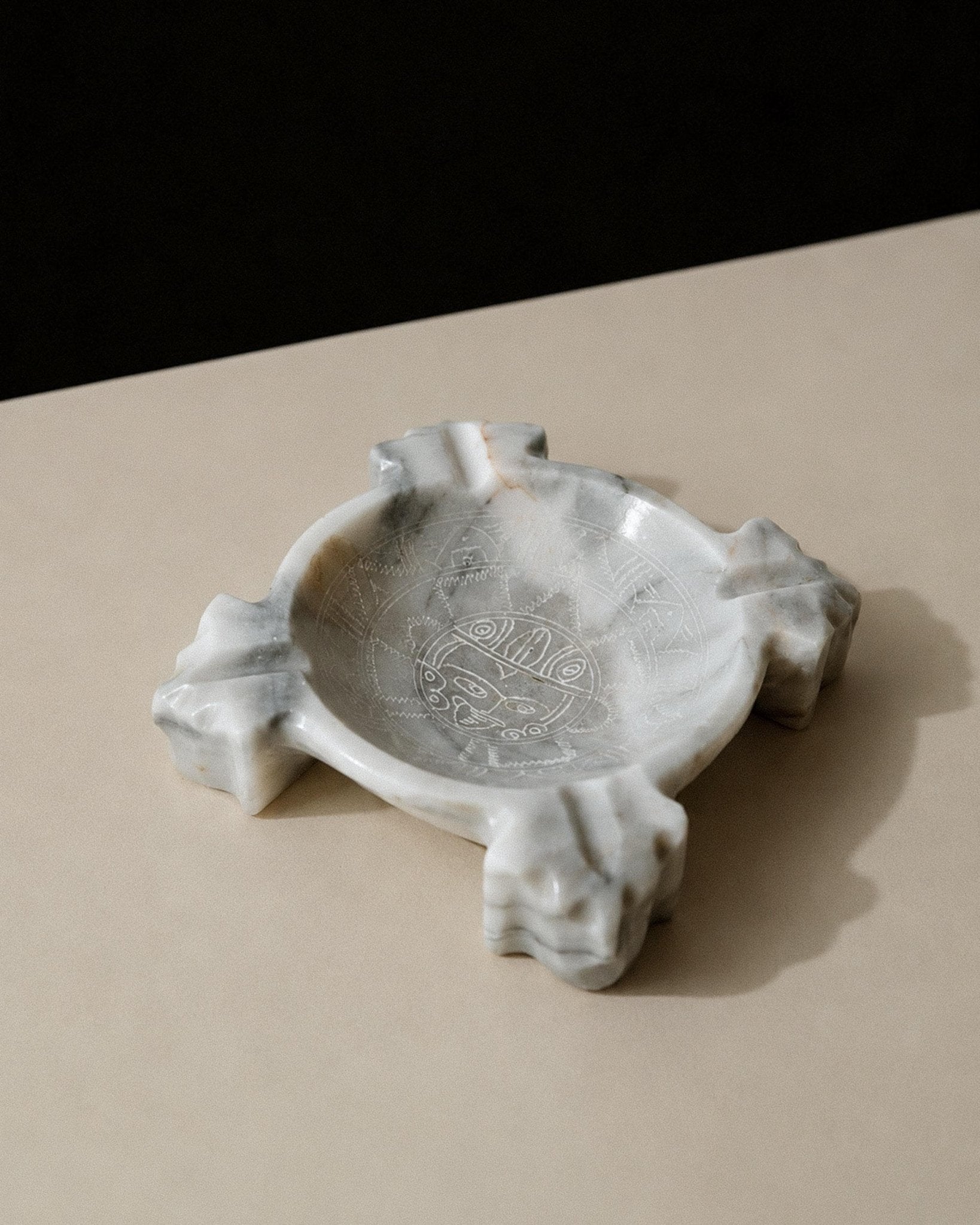 Vintage 1970s Mexican Marble Ashtray, Engraved Aztec Motif Design, Sculptural Stone Table Decor, Mid Century Smoking Accessory, Gift Idea_Bottega Jacobs