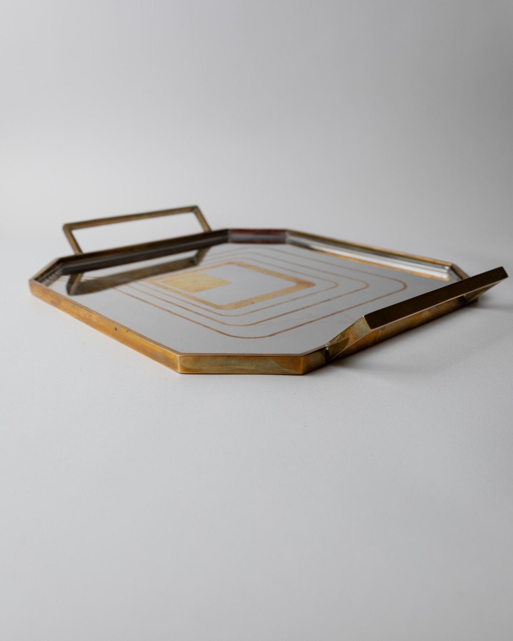 Vintage 1970s Octagonal Stainless Steel Tray, Brass Rim with Mid Century Pattern Design, Polished Serving Tray, Elegant Barware, Gift Idea_Bottega Jacobs