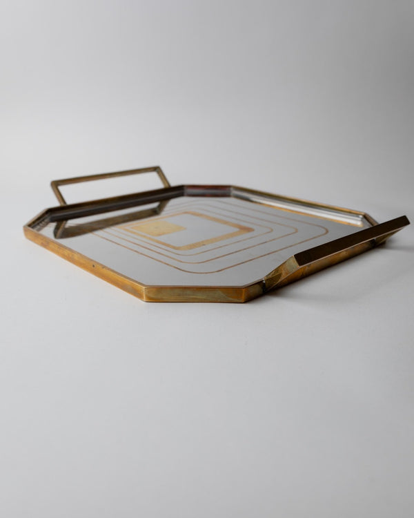 Vintage 1970s Octagonal Stainless Steel Tray, Brass Rim with Mid Century Pattern Design, Polished Serving Tray, Elegant Barware, Gift Idea_Bottega Jacobs