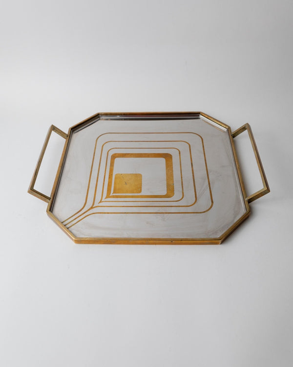 Vintage 1970s Octagonal Stainless Steel Tray, Brass Rim with Mid Century Pattern Design, Polished Serving Tray, Elegant Barware, Gift Idea_Bottega Jacobs
