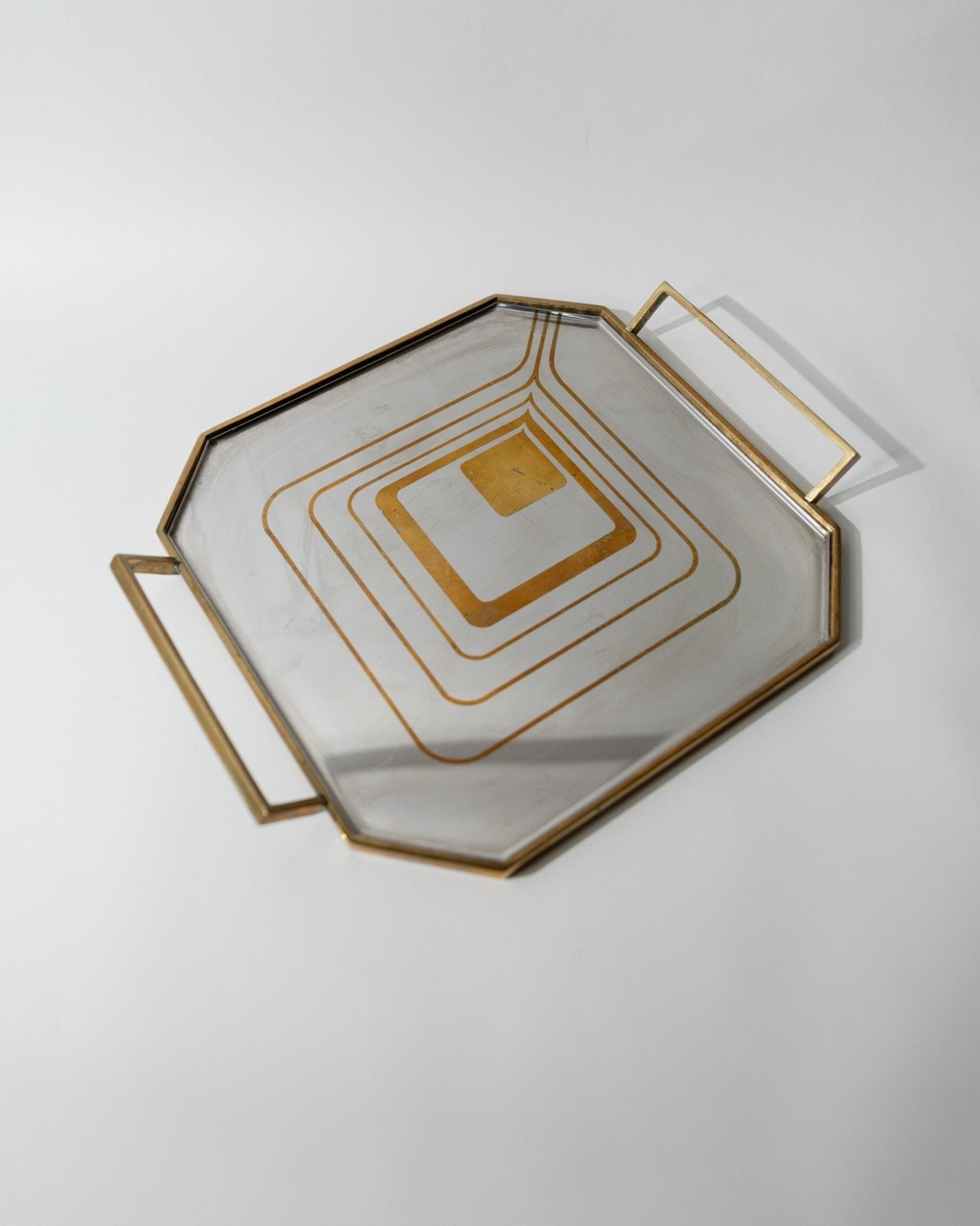 Vintage 1970s Octagonal Stainless Steel Tray, Brass Rim with Mid Century Pattern Design, Polished Serving Tray, Elegant Barware, Gift Idea_Bottega Jacobs
