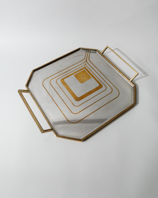 Vintage 1970s Octagonal Stainless Steel Tray, Brass Rim with Mid Century Pattern Design, Polished Serving Tray, Elegant Barware, Gift Idea_Bottega Jacobs