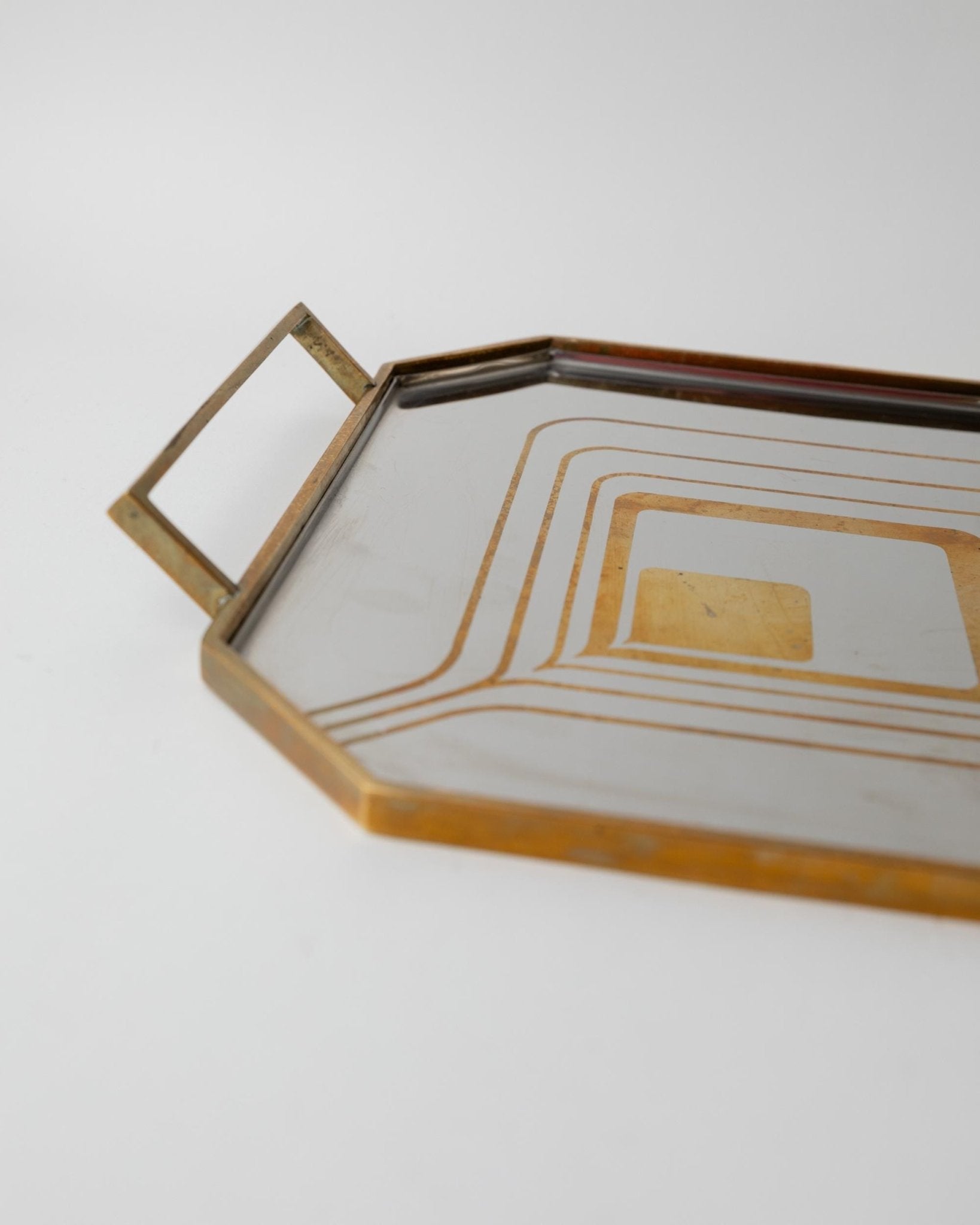 Vintage 1970s Octagonal Stainless Steel Tray, Brass Rim with Mid Century Pattern Design, Polished Serving Tray, Elegant Barware, Gift Idea_Bottega Jacobs