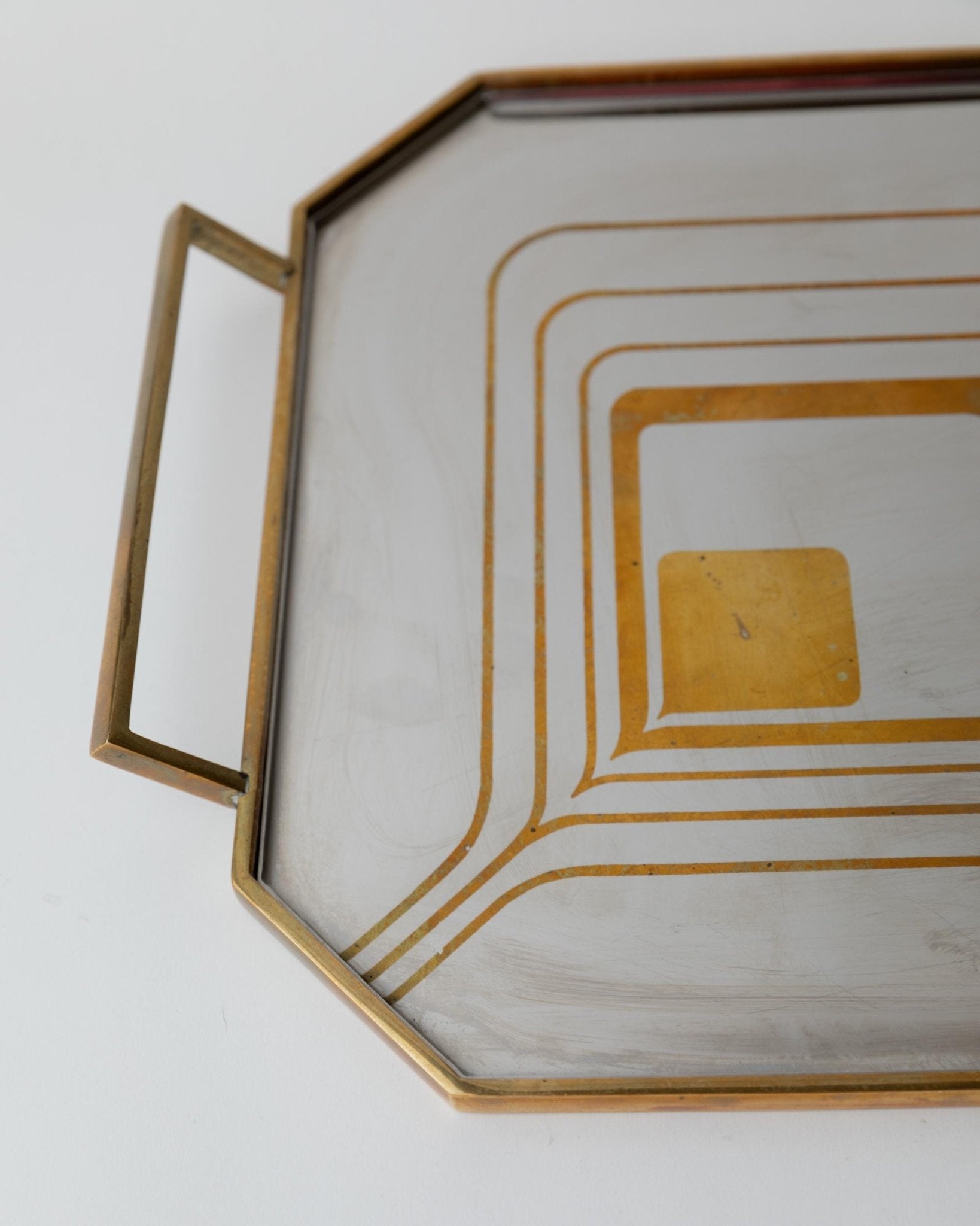 Vintage 1970s Octagonal Stainless Steel Tray, Brass Rim with Mid Century Pattern Design, Polished Serving Tray, Elegant Barware, Gift Idea_Bottega Jacobs