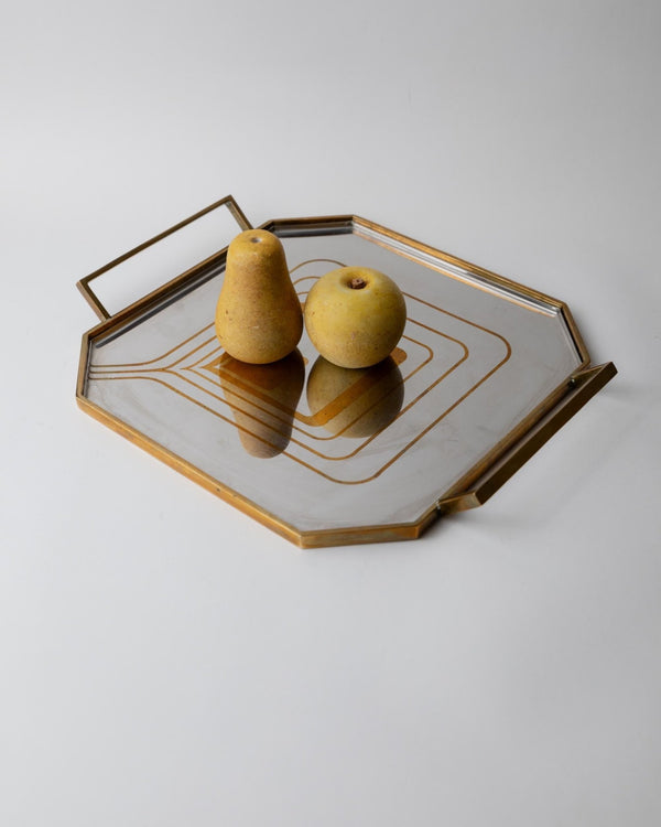 Vintage 1970s Octagonal Stainless Steel Tray, Brass Rim with Mid Century Pattern Design, Polished Serving Tray, Elegant Barware, Gift Idea_Bottega Jacobs