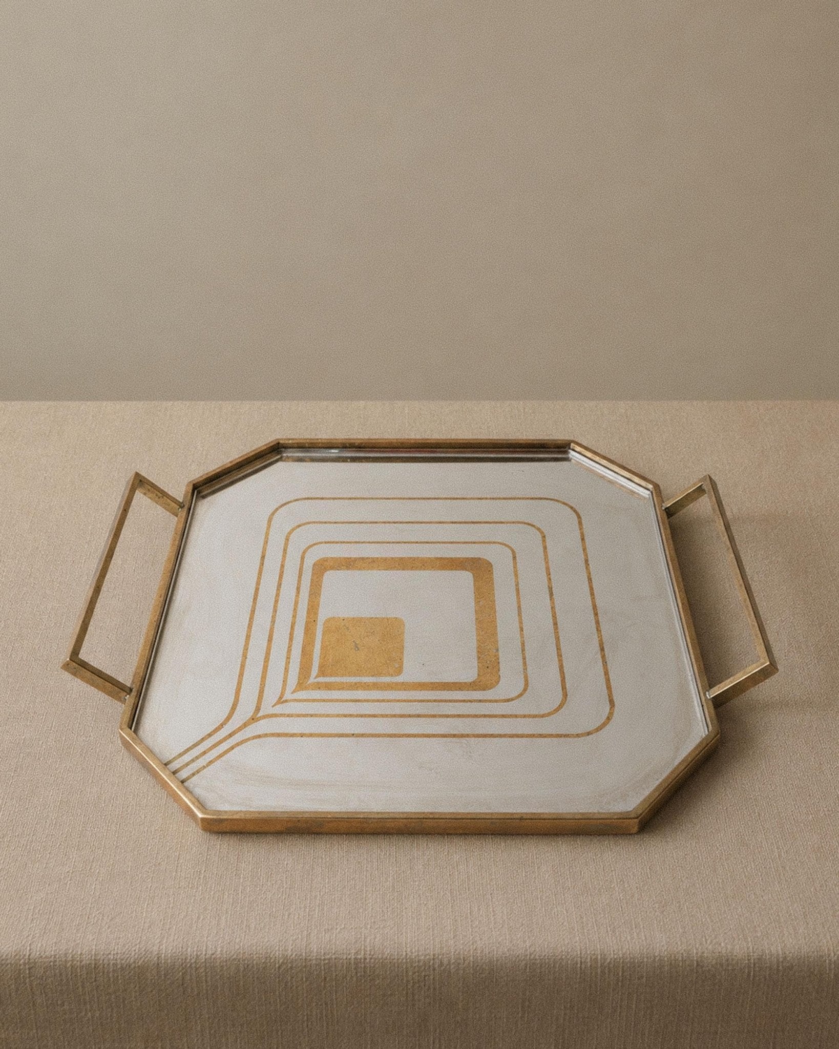 Vintage 1970s Octagonal Stainless Steel Tray, Brass Rim with Mid Century Pattern Design, Polished Serving Tray, Elegant Barware, Gift Idea_Bottega Jacobs
