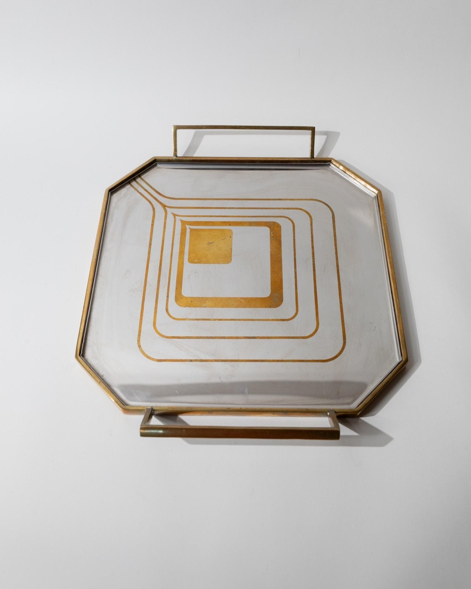 Vintage 1970s Octagonal Stainless Steel Tray, Brass Rim with Mid Century Pattern Design, Polished Serving Tray, Elegant Barware, Gift Idea_Bottega Jacobs