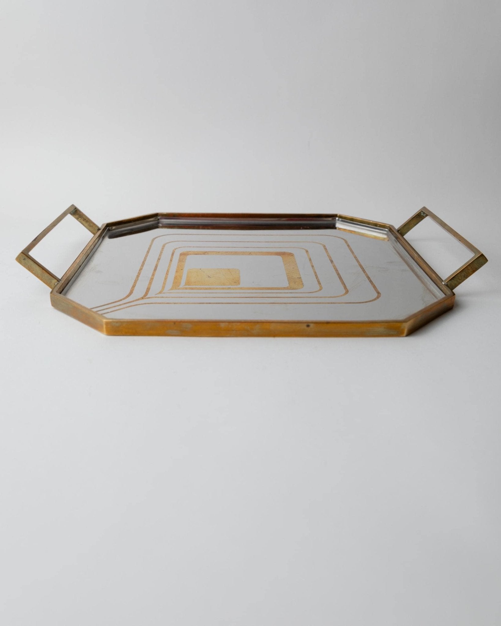 Vintage 1970s Octagonal Stainless Steel Tray, Brass Rim with Mid Century Pattern Design, Polished Serving Tray, Elegant Barware, Gift Idea_Bottega Jacobs