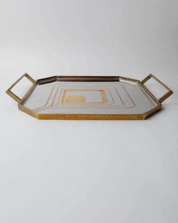 Vintage 1970s Octagonal Stainless Steel Tray, Brass Rim with Mid Century Pattern Design, Polished Serving Tray, Elegant Barware, Gift Idea_Bottega Jacobs