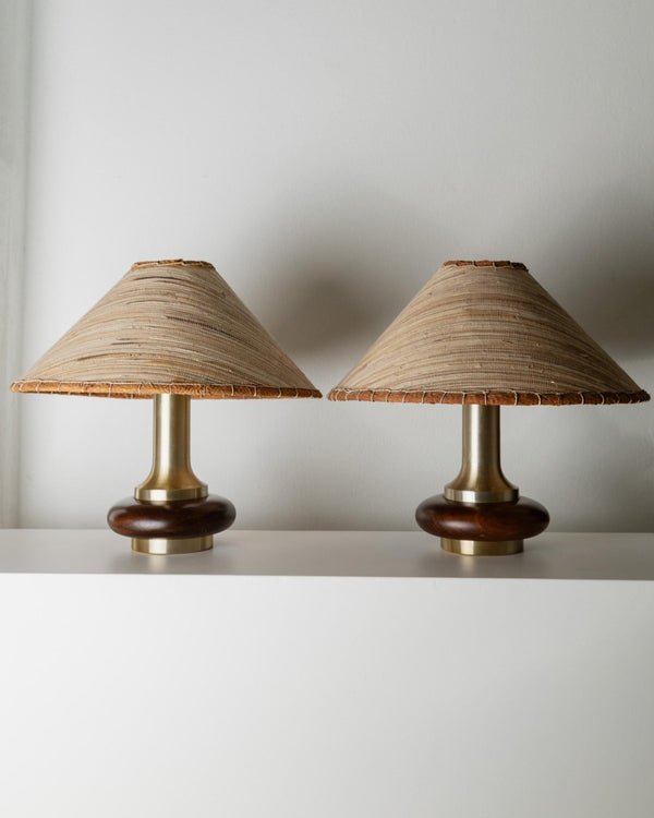 Vintage 1970s Table Lamps Set of 2, Oval Dark Wood Bases with Curved Brass Details, Handmade Natural Fiber Lampshades, Elegant Lighting_Bottega Jacobs