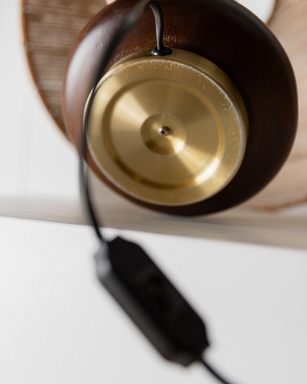 Vintage 1970s Table Lamps Set of 2, Oval Dark Wood Bases with Curved Brass Details, Handmade Natural Fiber Lampshades, Elegant Lighting_Bottega Jacobs