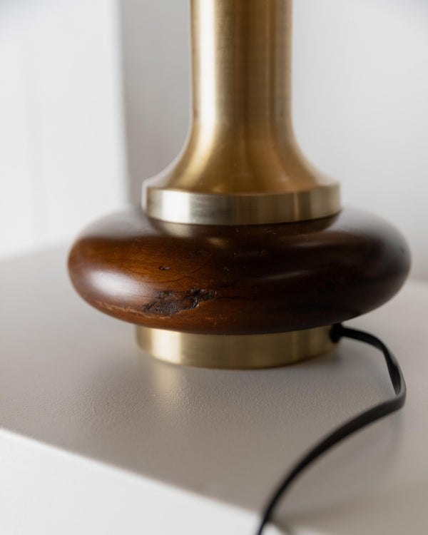 Vintage 1970s Table Lamps Set of 2, Oval Dark Wood Bases with Curved Brass Details, Handmade Natural Fiber Lampshades, Elegant Lighting_Bottega Jacobs