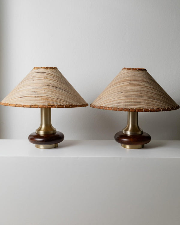Vintage 1970s Table Lamps Set of 2, Oval Dark Wood Bases with Curved Brass Details, Handmade Natural Fiber Lampshades, Elegant Lighting_Bottega Jacobs
