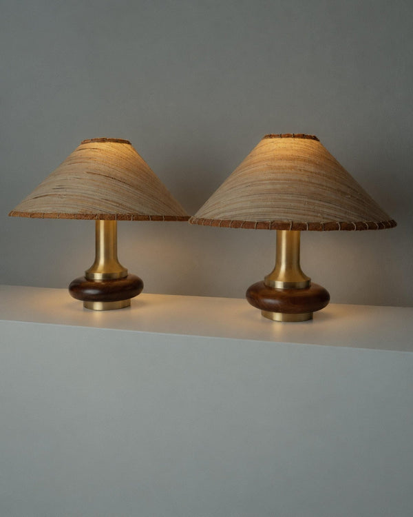 Vintage 1970s Table Lamps Set of 2, Oval Dark Wood Bases with Curved Brass Details, Handmade Natural Fiber Lampshades, Elegant Lighting_Bottega Jacobs