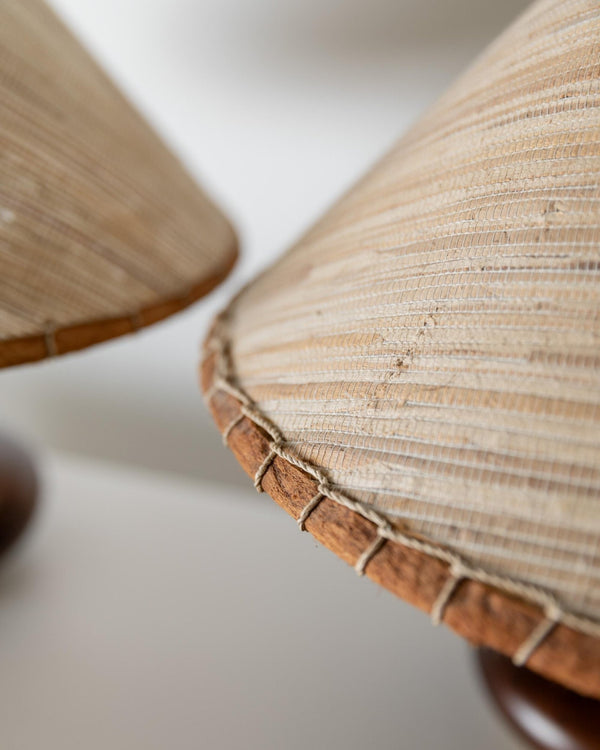 Vintage 1970s Table Lamps Set of 2, Oval Dark Wood Bases with Curved Brass Details, Handmade Natural Fiber Lampshades, Elegant Lighting_Bottega Jacobs