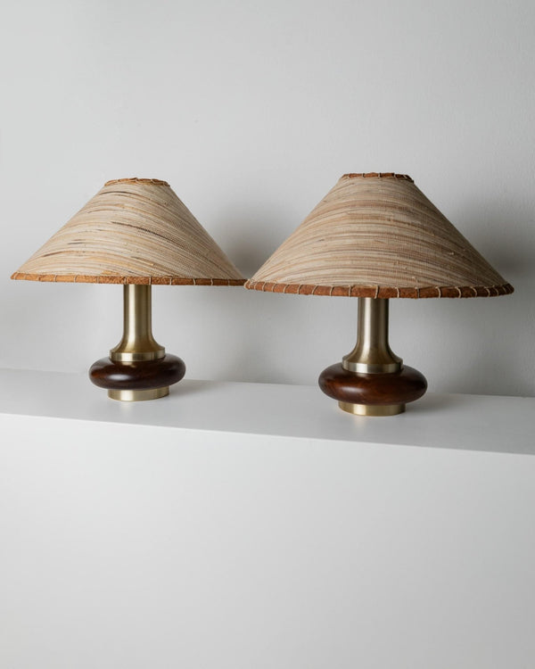 Vintage 1970s Table Lamps Set of 2, Oval Dark Wood Bases with Curved Brass Details, Handmade Natural Fiber Lampshades, Elegant Lighting_Bottega Jacobs