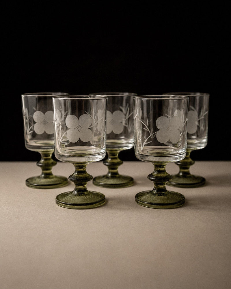 Vintage 1970s Wine Glasses Set of 5, Olive Green Stems with Etched Floral Clear Glass Bowls, Elegant Barware Decorative Tableware, Gift Idea_Bottega Jacobs