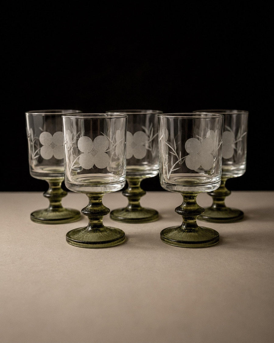 Vintage 1970s Wine Glasses Set of 5, Olive Green Stems with Etched Floral Clear Glass Bowls, Elegant Barware Decorative Tableware, Gift Idea