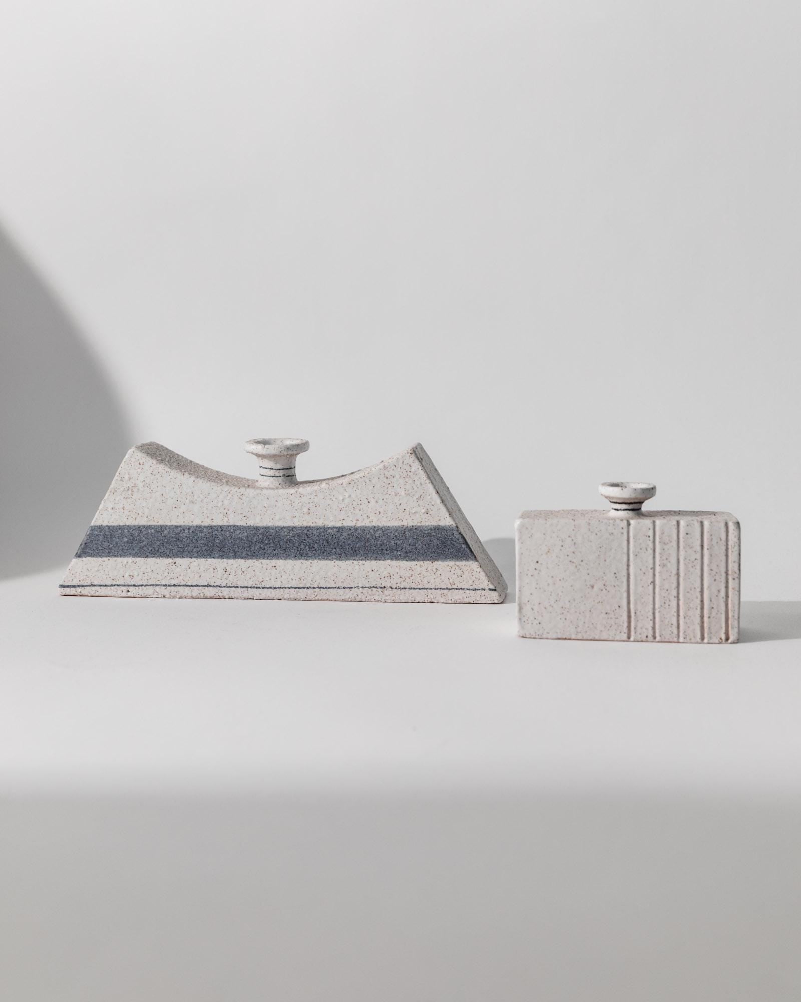 Vintage 1980s Ceramic Vases Set of 2, different geometric Shapes, blue and gray, Italian Retro Home Decor by Vanni, Elegant Gift Idea_Bottega Jacobs