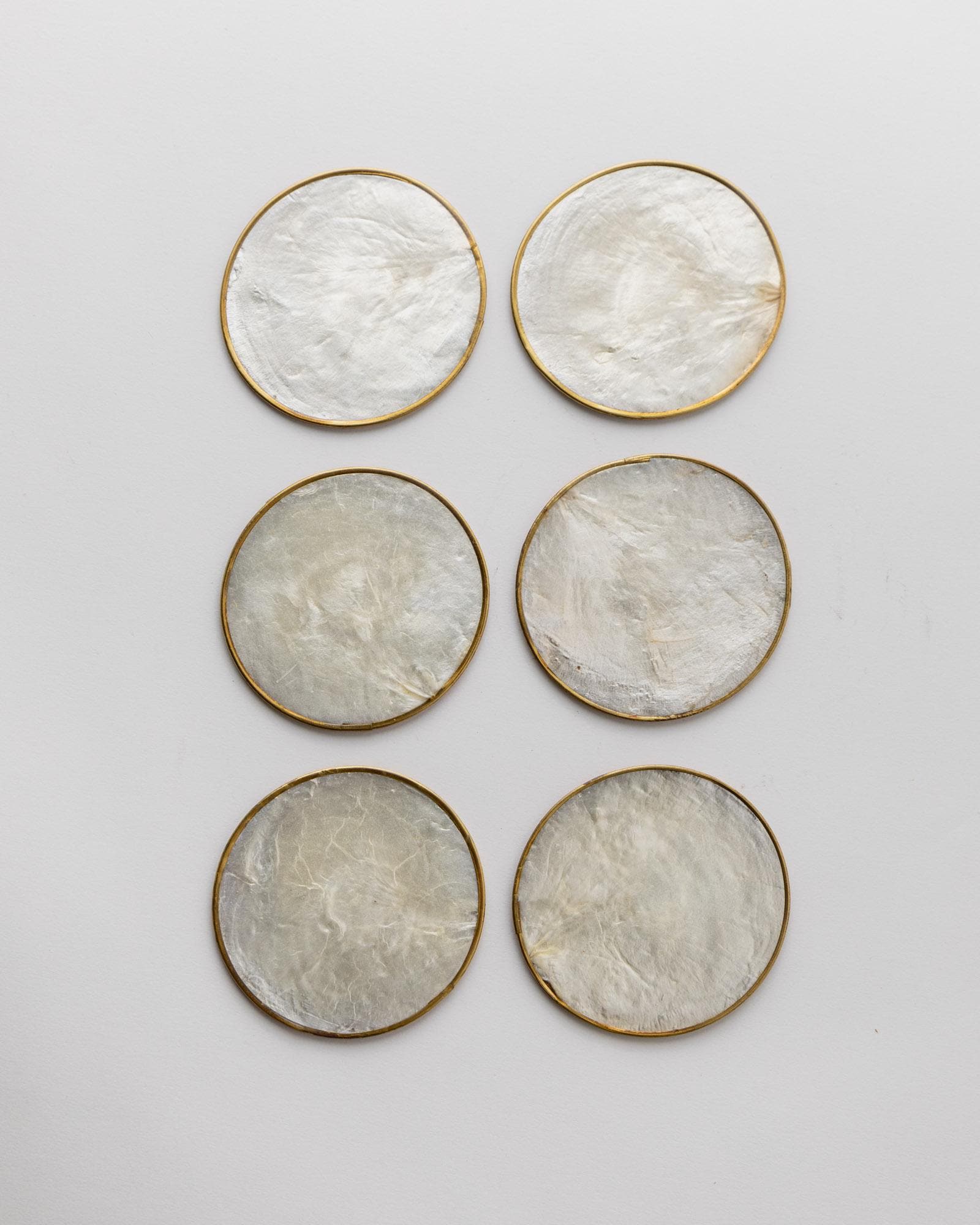 Vintage 1980s Coasters Set of 6, Mother of Pearl with Brass Rim and Cork Base, Decorative Table Accent, Elegant Retro Home Decor, Gift Idea_Bottega Jacobs
