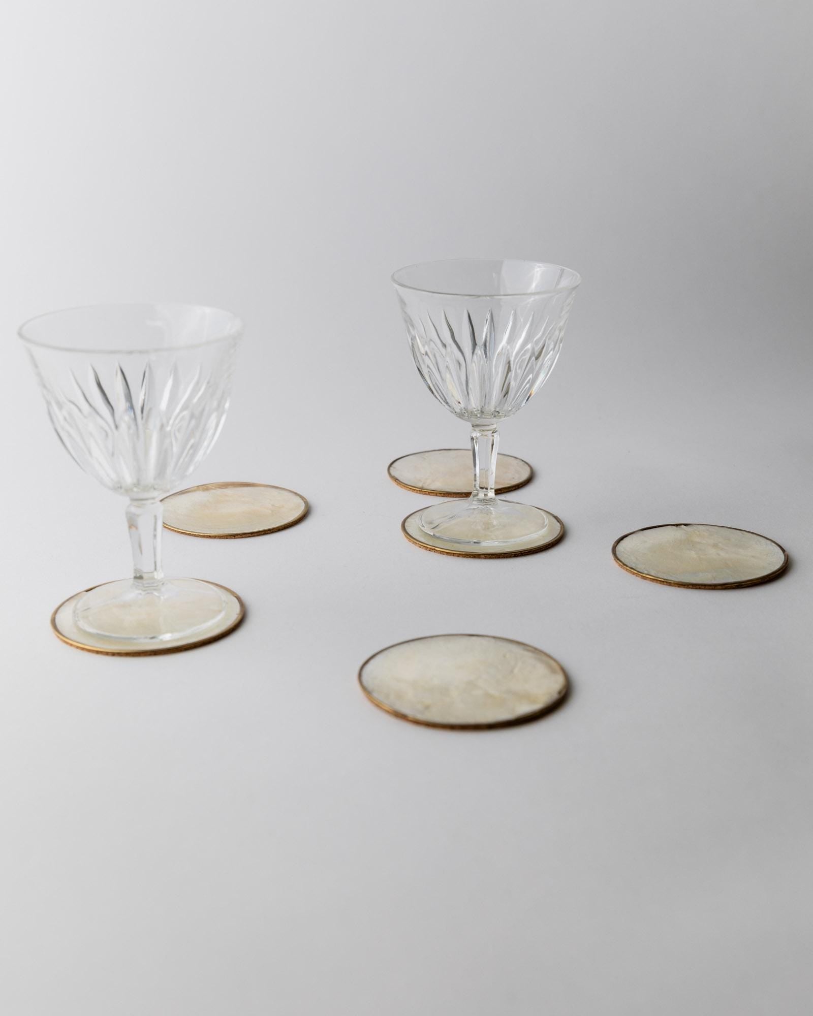 Vintage 1980s Coasters Set of 6, Mother of Pearl with Brass Rim and Cork Base, Decorative Table Accent, Elegant Retro Home Decor, Gift Idea_Bottega Jacobs