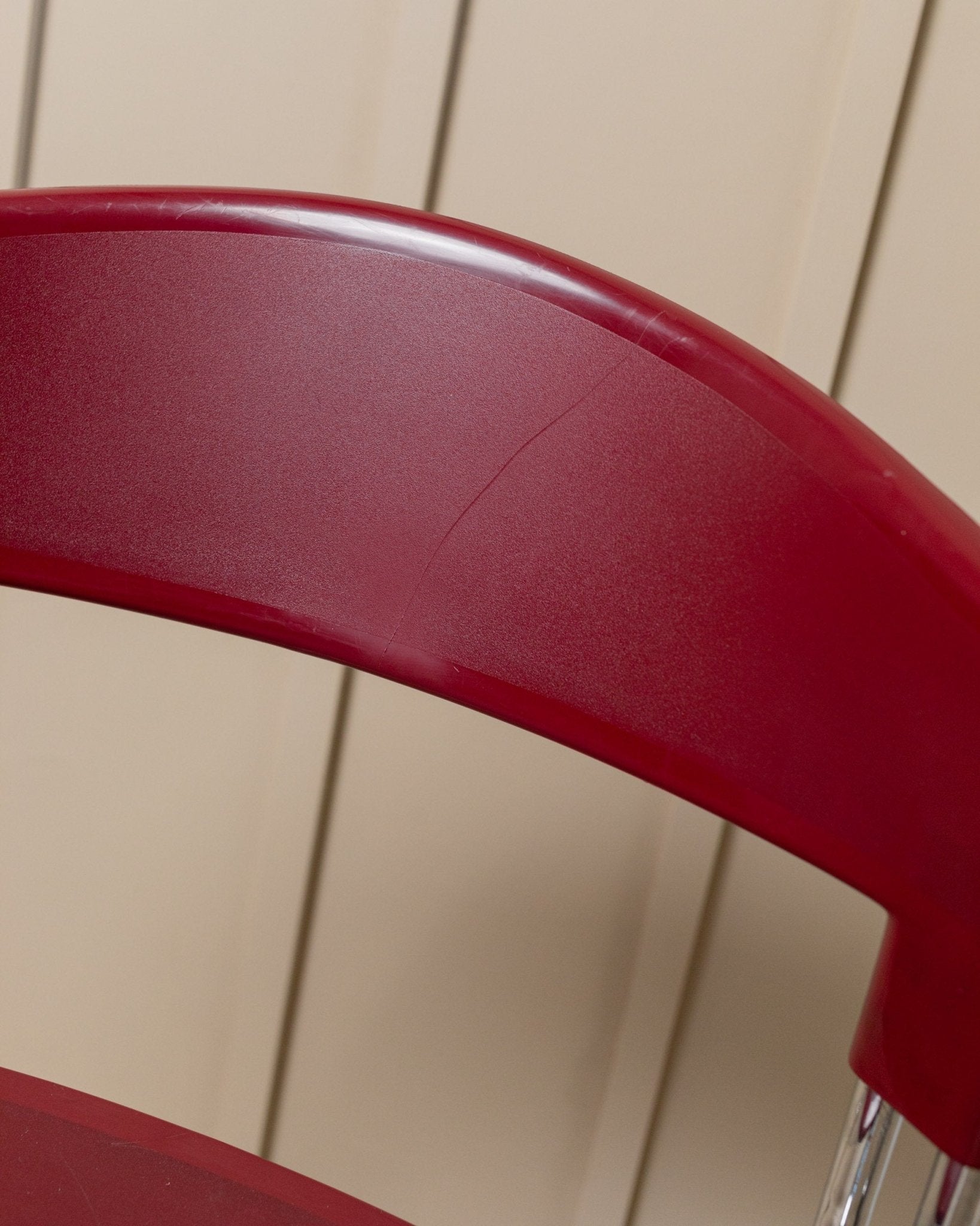 Vintage 1980s Dining chair by Paolo Favaretto for Assisa, stckable Design Italy 1986 - chrome and plastic in red - design classic_Bottega Jacobs