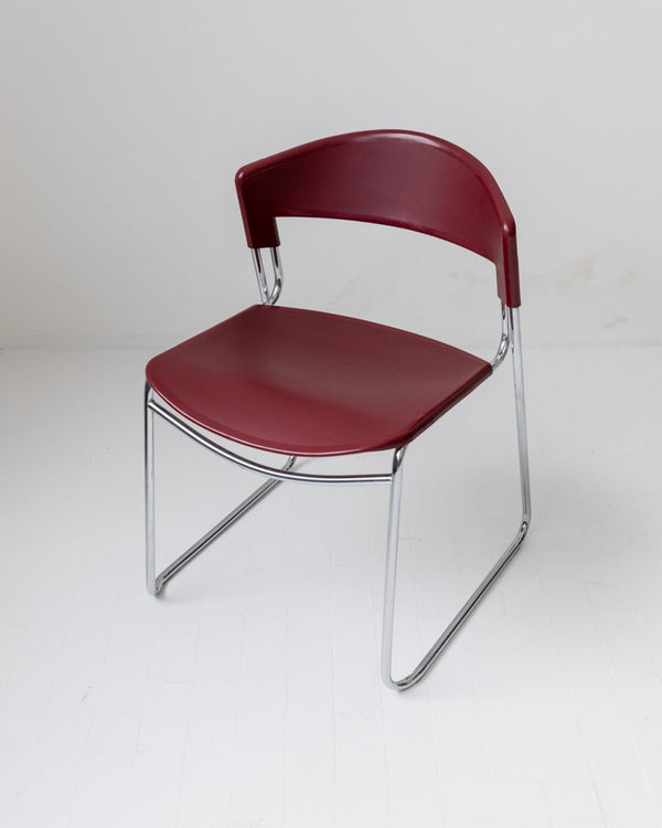 Vintage 1980s Dining chair by Paolo Favaretto for Assisa, stckable Design Italy 1986 - chrome and plastic in red - design classic_Bottega Jacobs