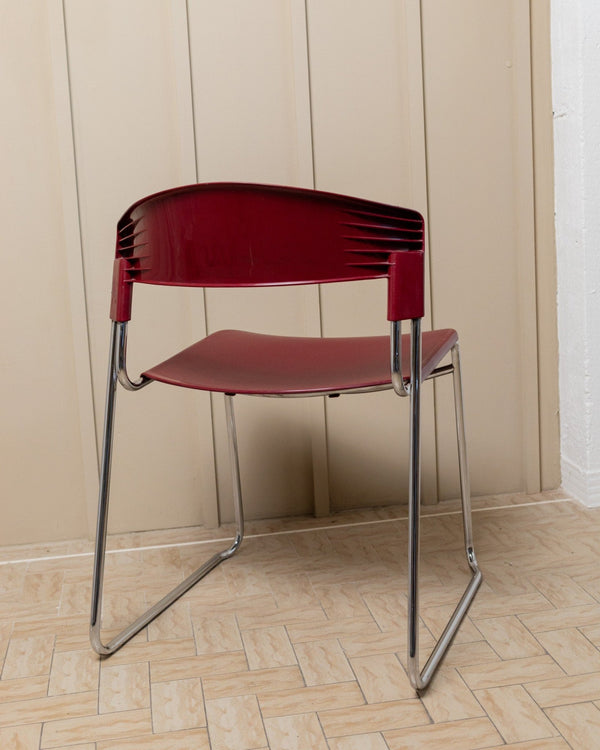 Vintage 1980s Dining chair by Paolo Favaretto for Assisa, stckable Design Italy 1986 - chrome and plastic in red - design classic_Bottega Jacobs