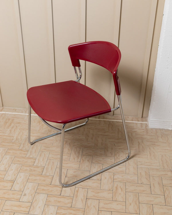 Vintage 1980s Dining chair by Paolo Favaretto for Assisa, stckable Design Italy 1986 - chrome and plastic in red - design classic_Bottega Jacobs