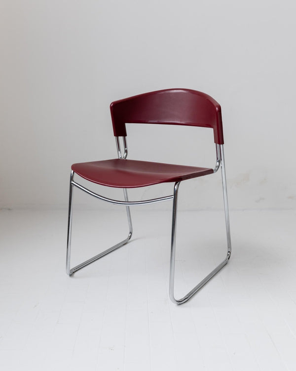 Vintage 1980s Dining chair by Paolo Favaretto for Assisa, stckable Design Italy 1986 - chrome and plastic in red - design classic_Bottega Jacobs
